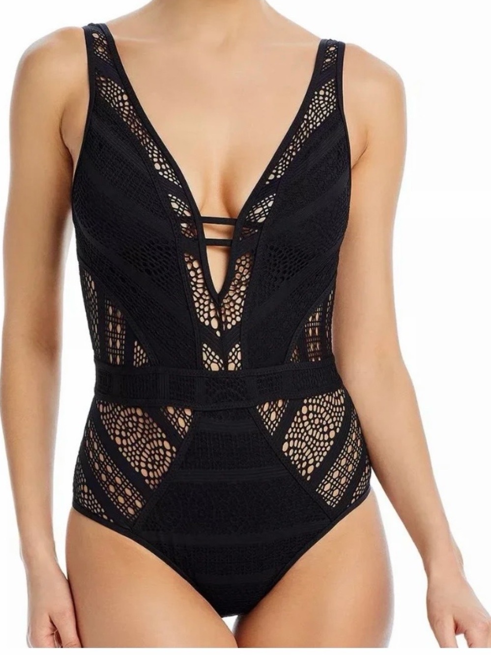 BECCA Black Crochet Plunge One-Piece Swimsuit